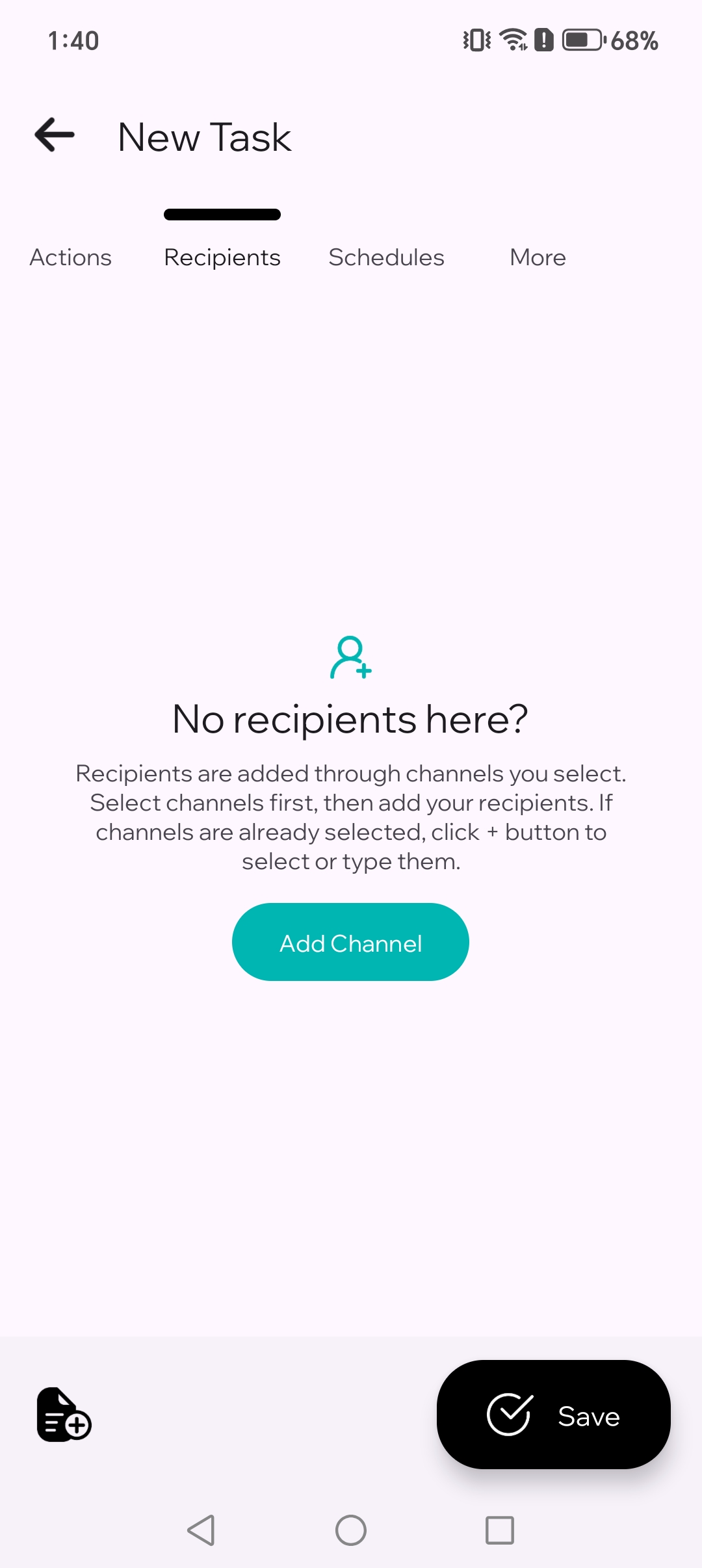 New task recipients screen showing add channel button