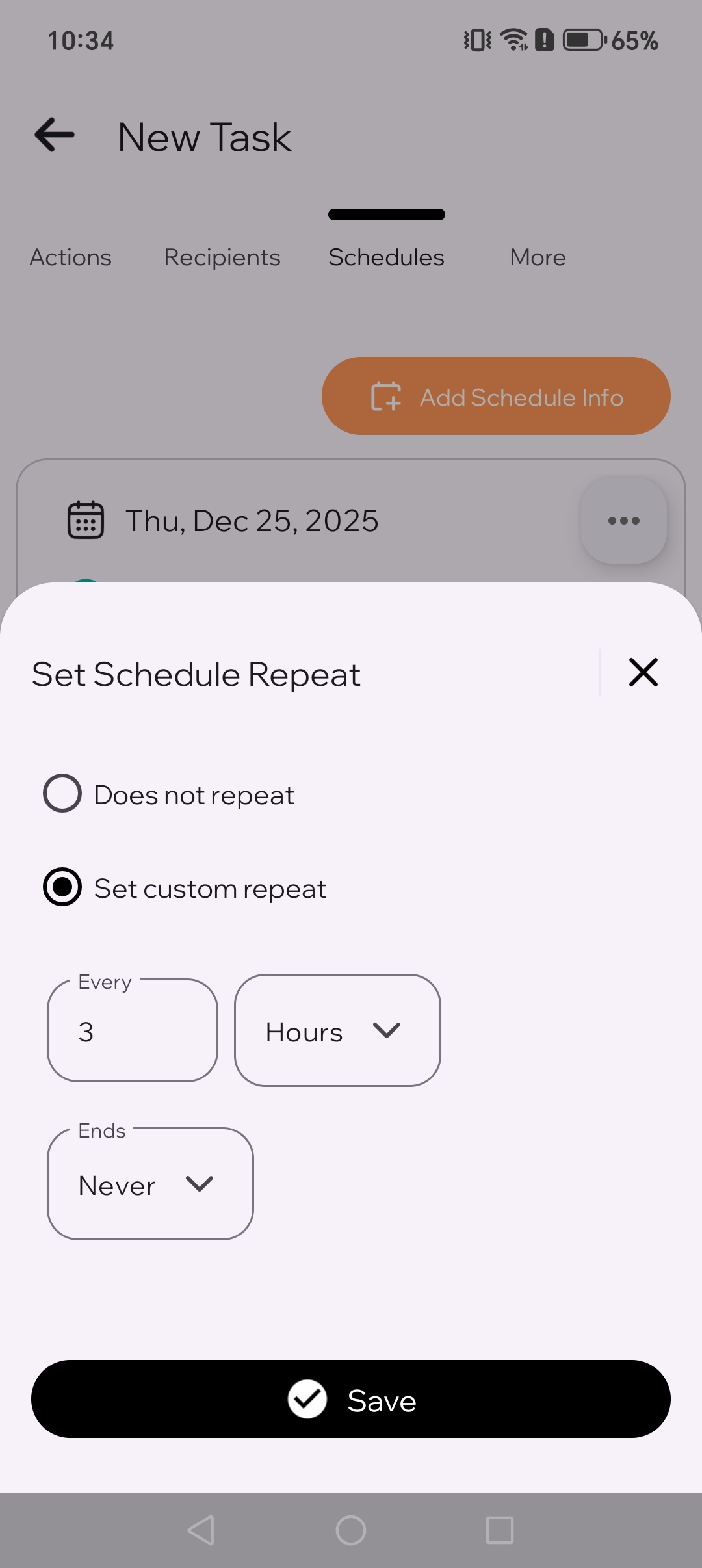 Set Schedule Repeat picker showing set custom repeat button